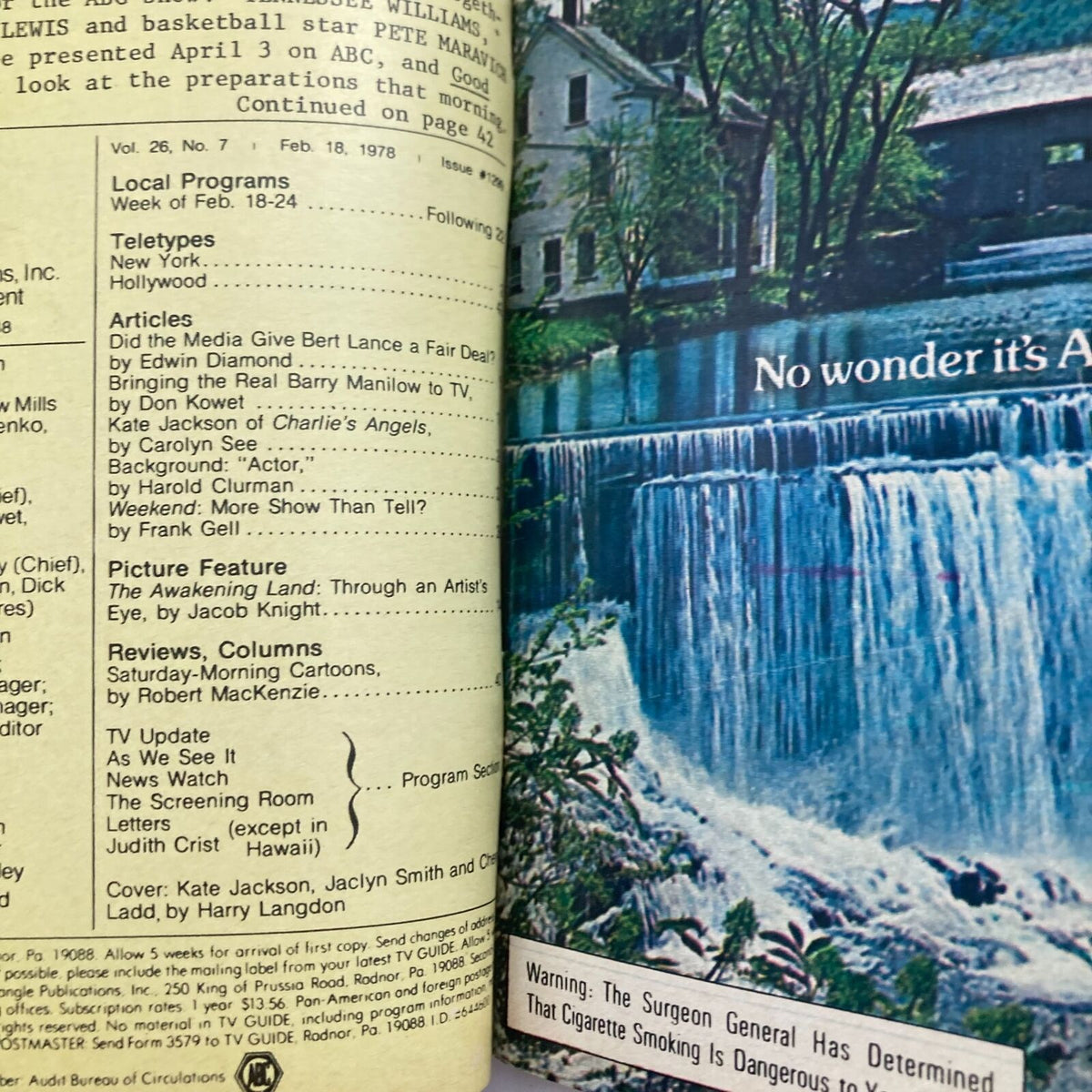 Inside spread of TV Guide Magazine February 18, 1978 showing a detailed list of local programs and articles, including a feature on Kate Jackson from Charlie's Angels.