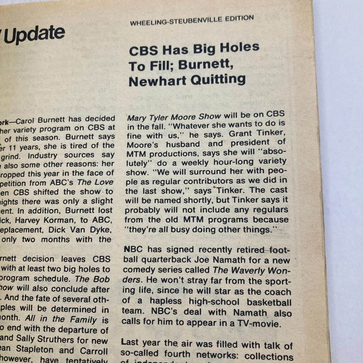 Wheeling-Steubenville Edition page from TV Guide Magazine February 18, 1978 discussing CBS programming updates including insights on Carol Burnett and Mary Tyler Moore Show.