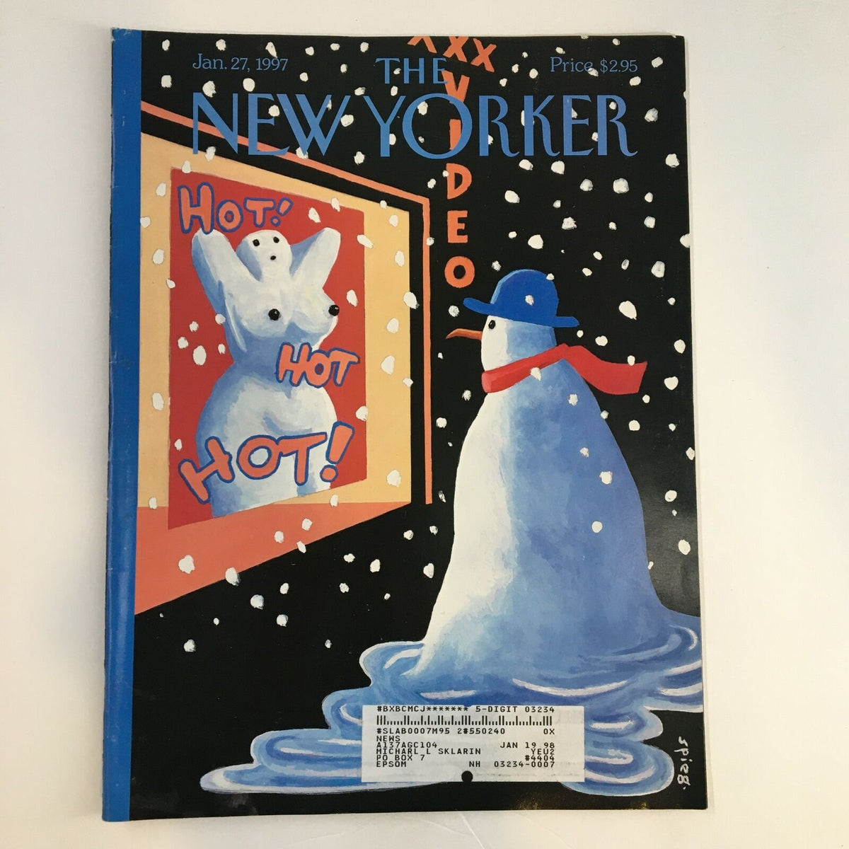 Cover of The New Yorker magazine, January 27, 1997, featuring the vibrant illustration 'Hot Hot Hot' by Art Spiegelman, showcasing a snowman in a blue hat and red scarf against a snowy background with playful text.