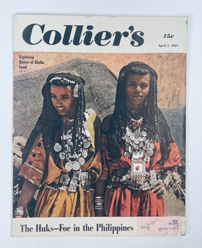 Cover of VTG Collier's Magazine April 7, 1951 Vol 127 No. 14 featuring the article 'Huks-Foe in the Philippines' with two individuals adorned in traditional attire.