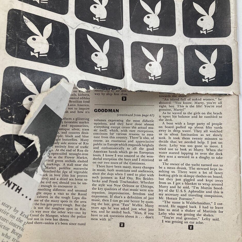 Interior page of Playboy Magazine April 1956 displaying a collection of the iconic Playboy bunny logos alongside text, highlighting its classic vintage design.