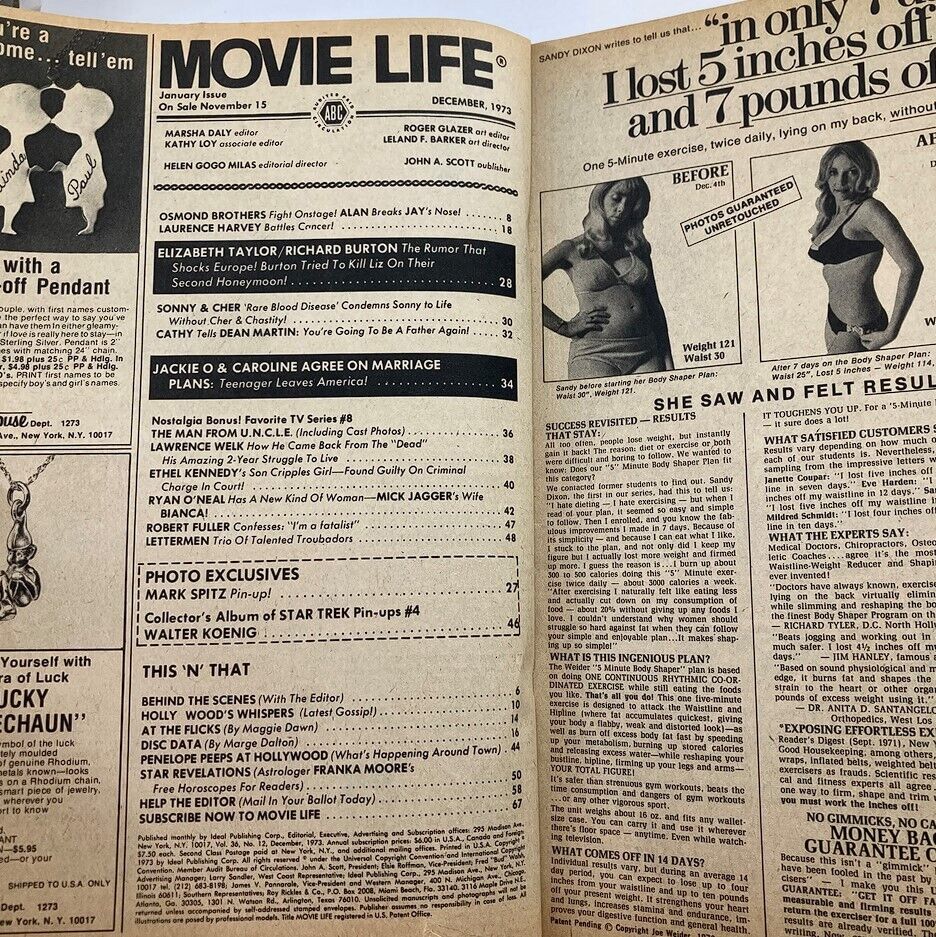 Inside pages of the December 1973 Movie Life Magazine displaying articles and features, including content about Elizabeth Taylor and Richard Burton.