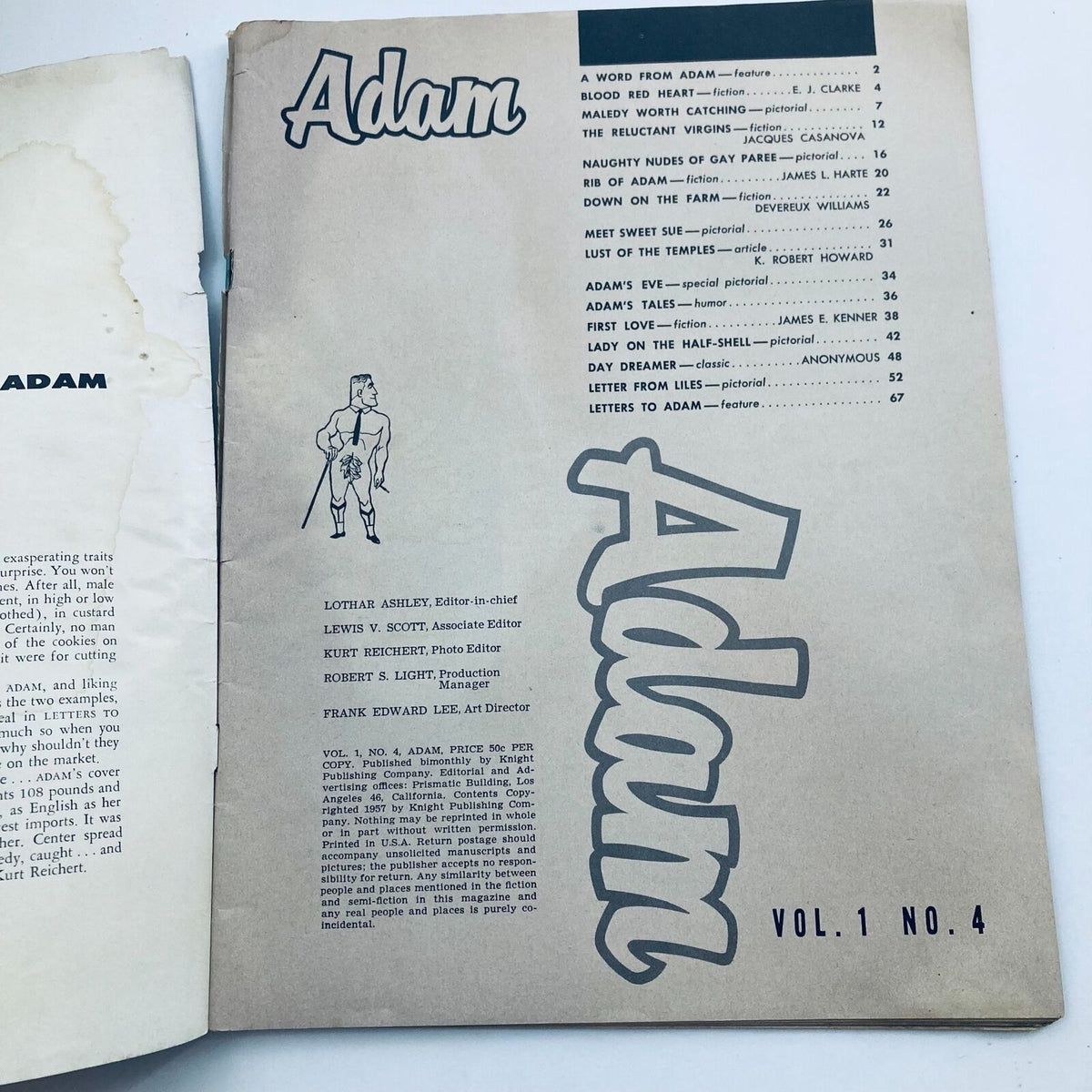 Table of contents page from VTG Adam Magazine February 1957 Vol 1 No 4 showcasing articles and photo stories including 'Naughty Nudes of Gay Paree'.