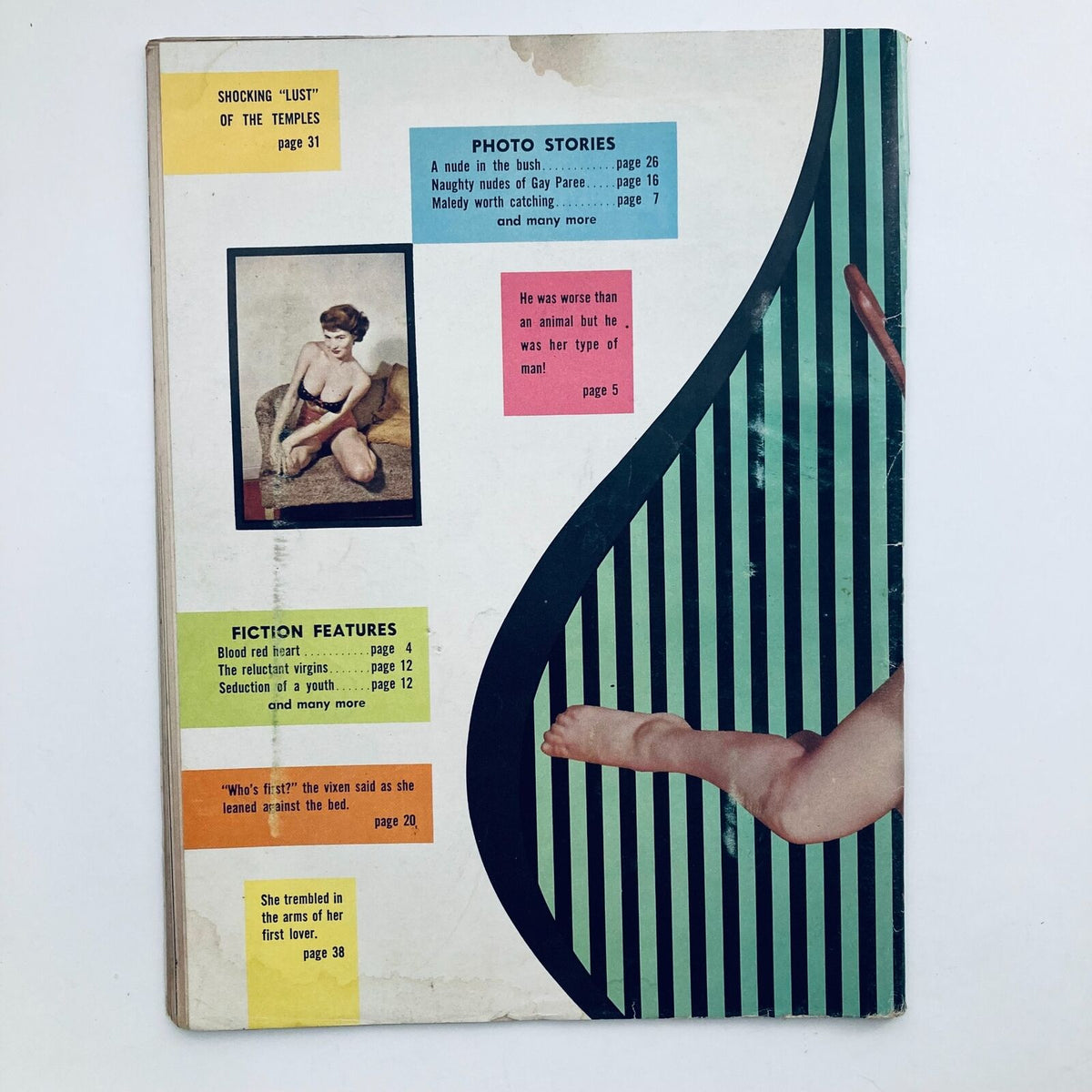 Back cover of VTG Adam Magazine February 1957 Vol 1 No 4 highlighting featured stories and photo sections with colorful index labels.