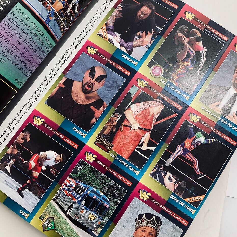 Inside spread of WWF World Wrestling Federation Magazine June 1995 featuring collectible trading cards with various wrestling superstars.