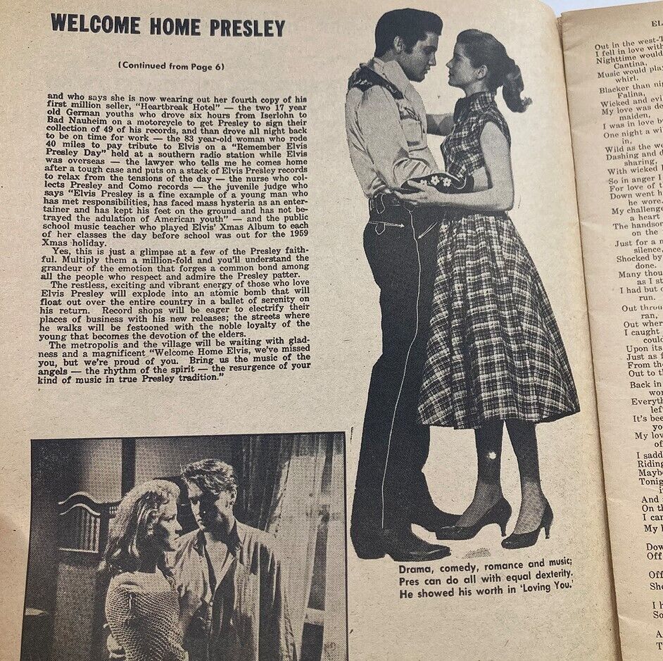 Article page titled 'Welcome Home Presley' from VTG Country Song Roundup Magazine May 1960 Vol 12 #66, discussing Elvis Presley's return.