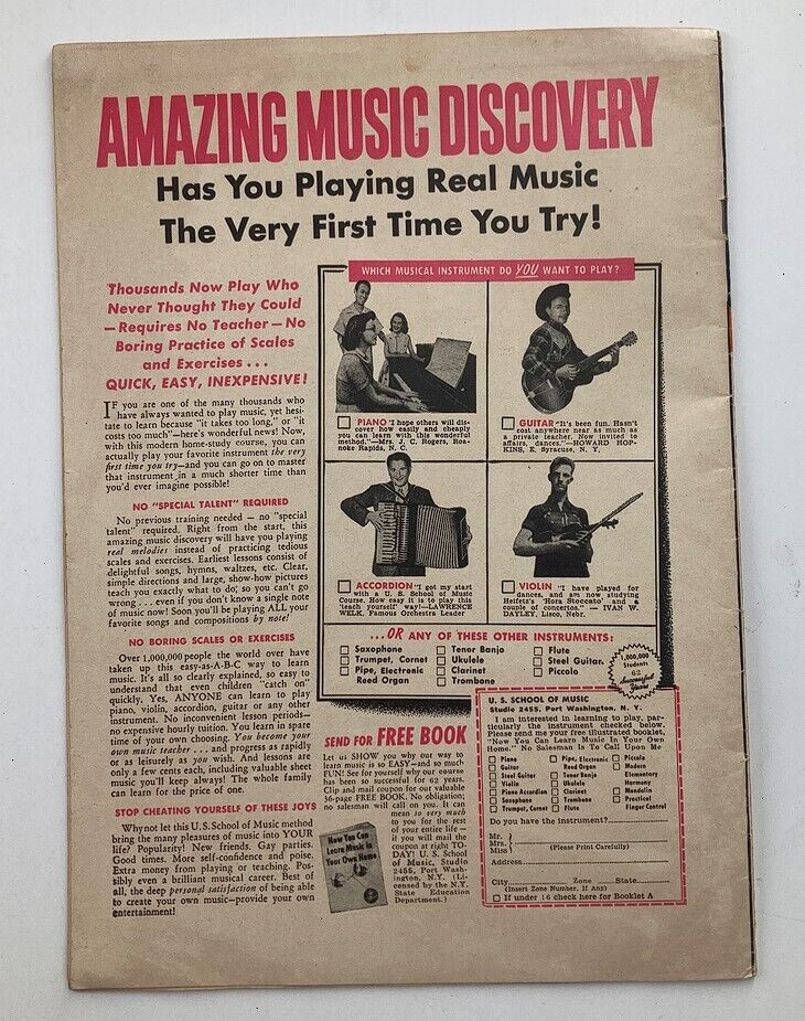 Back cover of VTG Country Song Roundup Magazine May 1960 Vol 12 #66 featuring an advertisement for music discovery and instrument lessons, enhancing the magazine's vintage appeal.