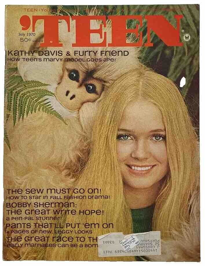 VTG 'Teen Magazine July 1970 Vol 14 #7 featuring Cover Girl Kathy Davis with a furry friend. The cover showcases the essence of 70s teen culture, including fashion trends and beauty tips.