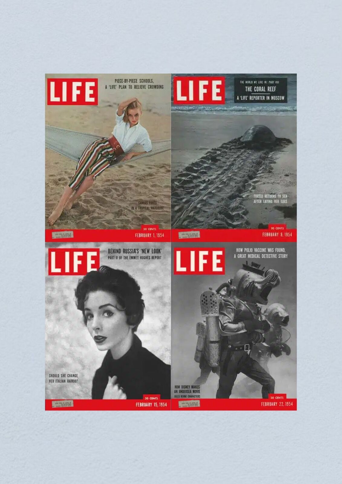 Life Magazine February 22, 1954 Cover showcasing a man in a deep-sea diving suit, depicting advancements in science and technology related to underwater exploration.