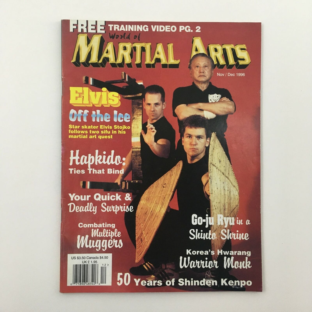 Cover of World of Martial Arts Magazine November 1996 issue, featuring Go-Ju Ryu in Shinto Shrine, with articles on Elvis Stojko, hapkido, and martial arts techniques.