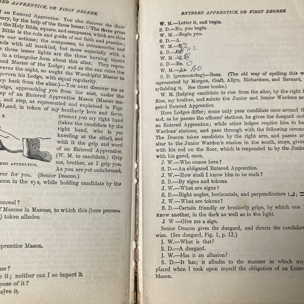 Open pages of 1922 DUNCAN'S RITUAL AND MONITOR OF FREEMASONRY Part 1 SOL C. JOHNSON BOOK, displaying detailed Masonic instructions for the first degree.