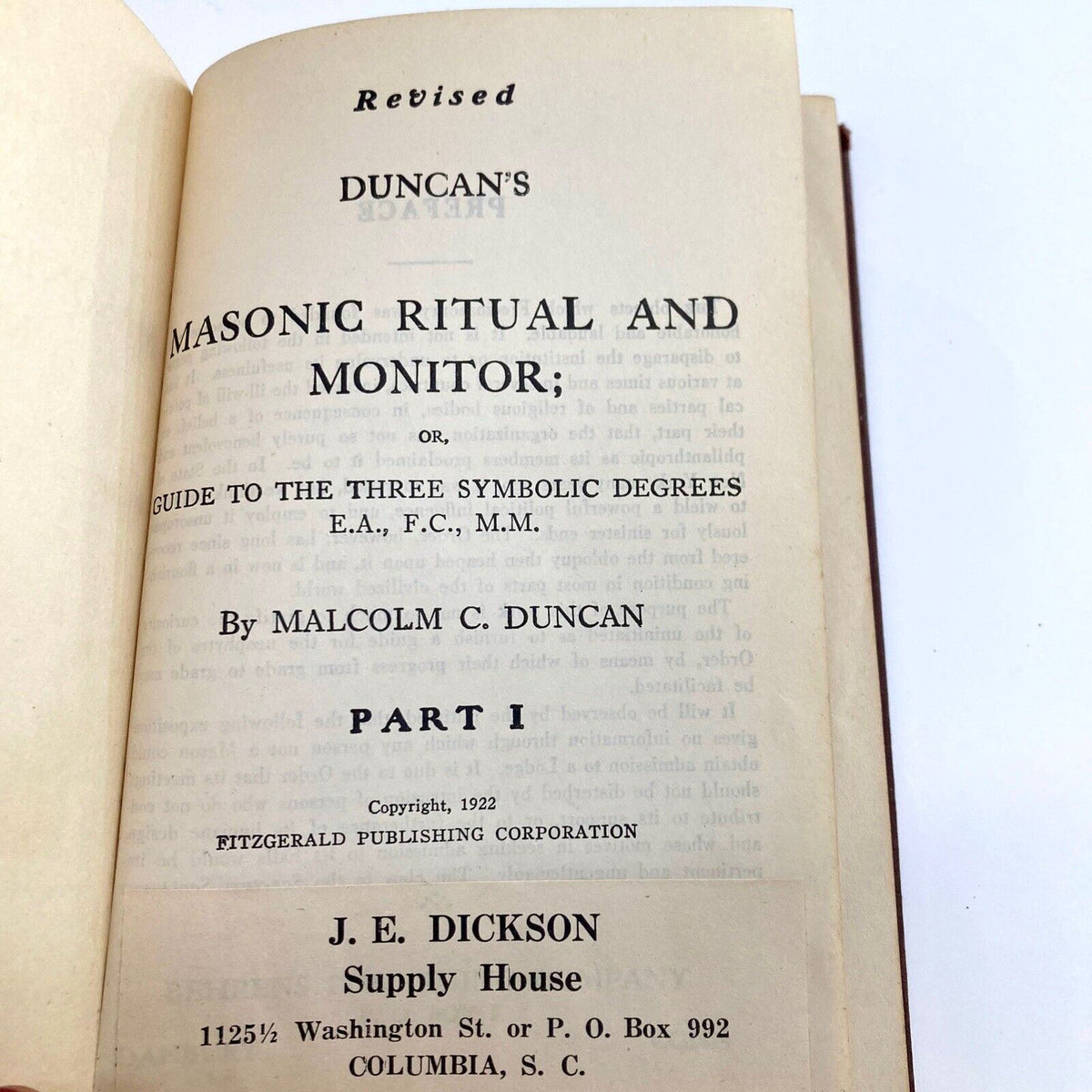 Title page of 1922 DUNCAN'S RITUAL AND MONITOR OF FREEMASONRY Part 1 by MALCOLM C. DUNCAN, detailing the guide to the three symbolic degrees of Freemasonry.