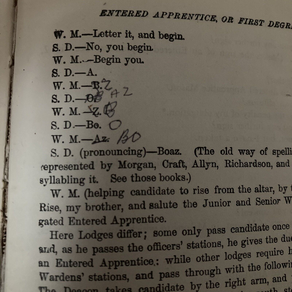 Interior page of 1922 DUNCAN'S RITUAL AND MONITOR OF FREEMASONRY Part 1 SOL C. JOHNSON BOOK, featuring handwritten notes and Masonic rituals.