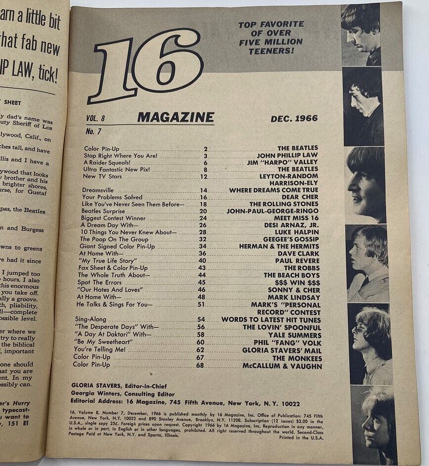 Table of contents page from VTG 16 Magazine December 1966 Vol 8 #7 highlighting articles about The Beatles, The Rolling Stones, and various features.
