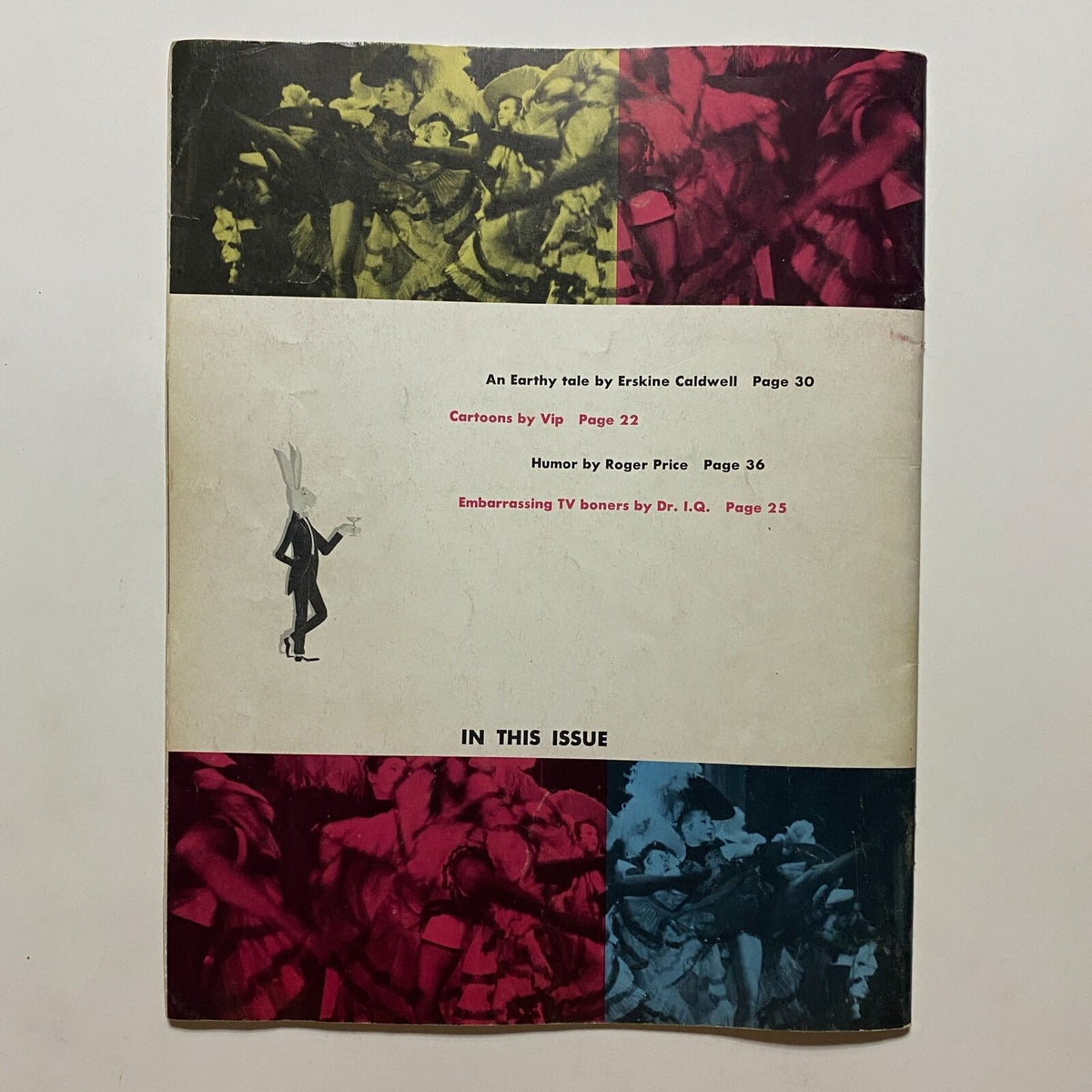 Back cover of VTG Playboy Magazine November 1954 displaying a colorful design and listing feature articles inside, including humor and cartoons.