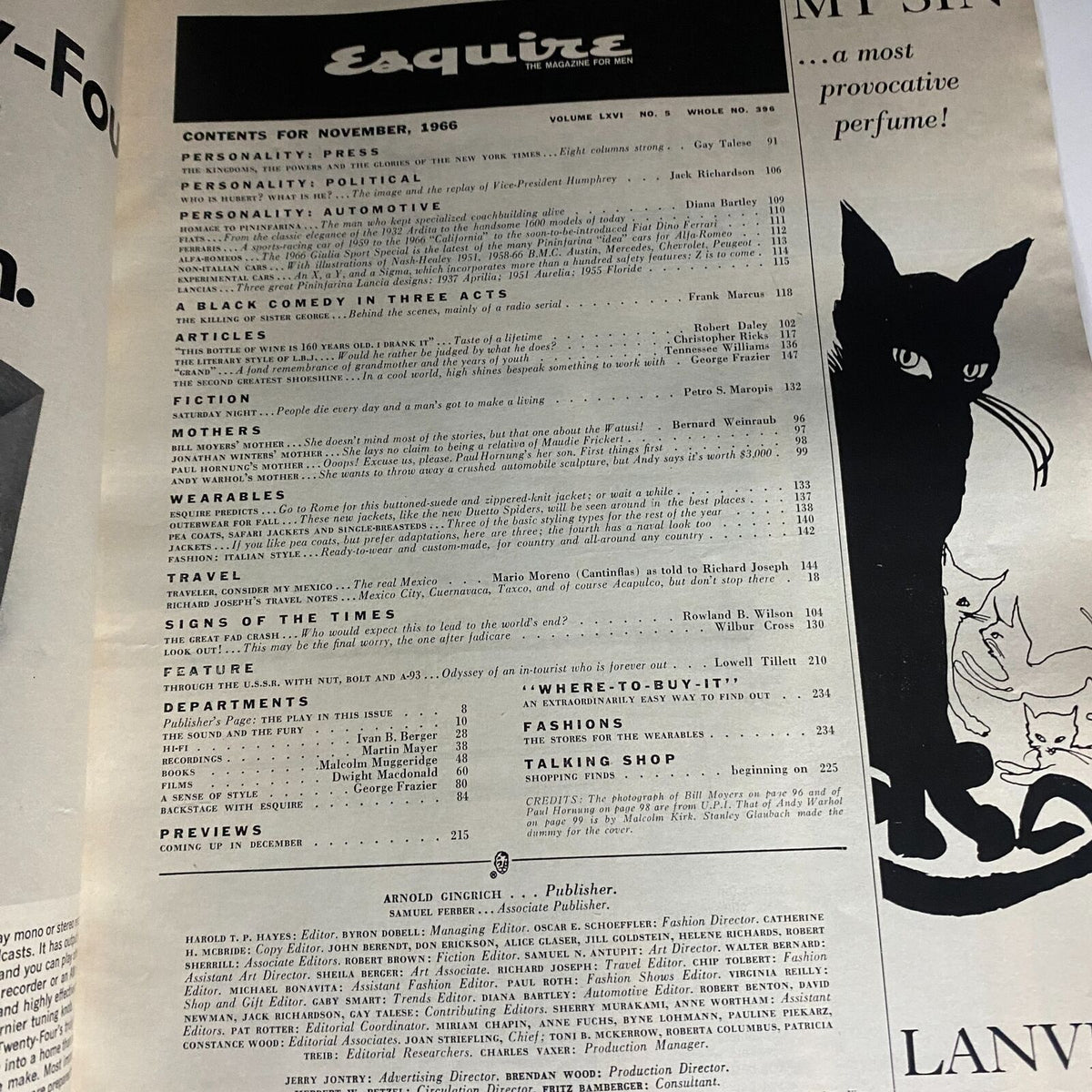 Contents page of VTG Esquire Magazine November 1966 No. 396 featuring articles and sections including Personality, Travel, and Fiction.