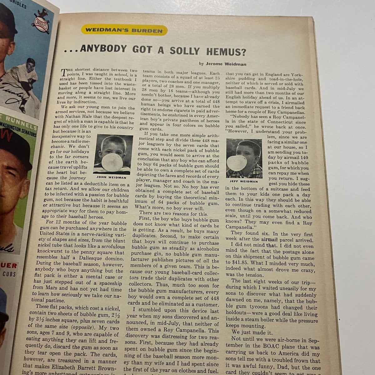 Article titled 'Weidman's Burden' in Sports Illustrated Magazine August 16 1954 First Edition with discussion about baseball and bubble gum cards.