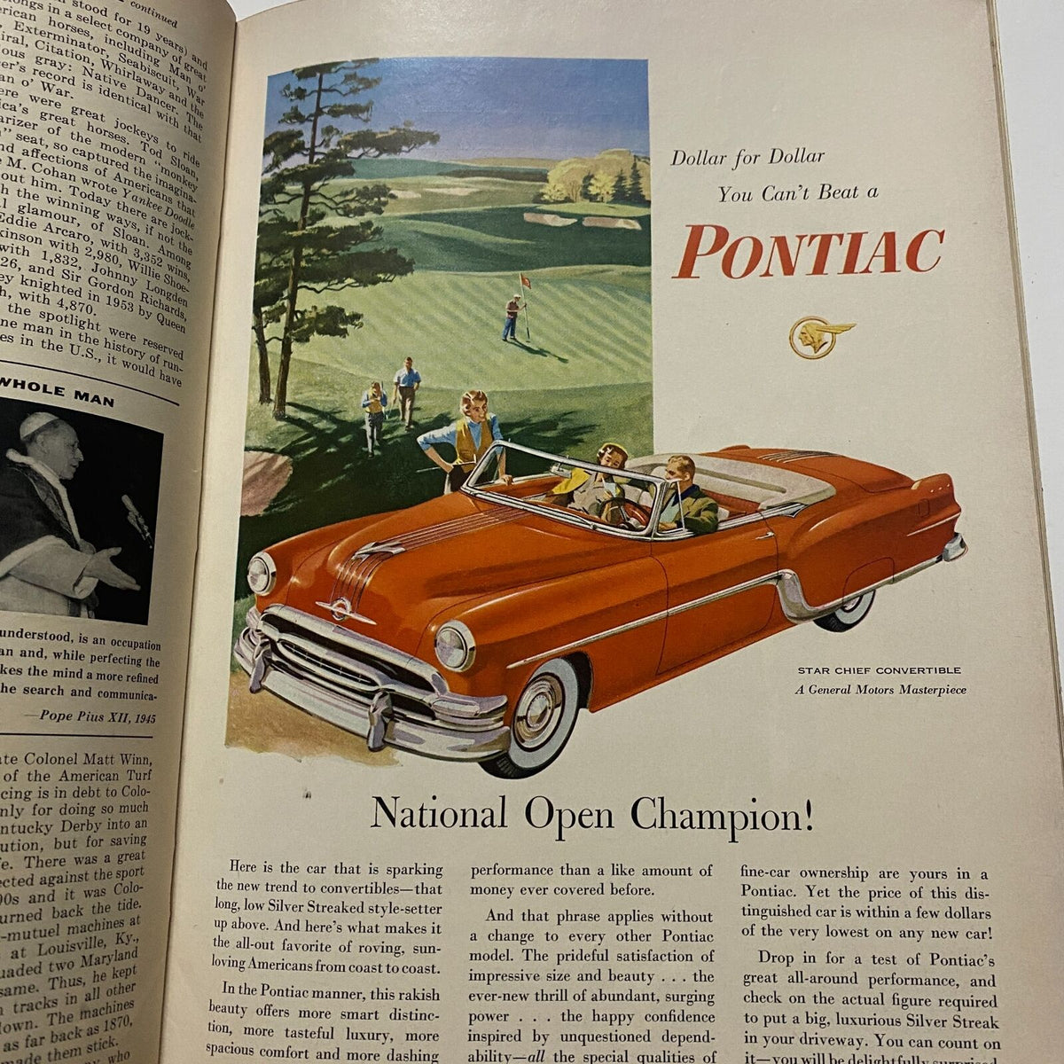 Classic Pontiac car advertisement showcasing a convertible model with a scenic golf background. From Sports Illustrated Magazine August 16 1954 First Edition Premier Issue.