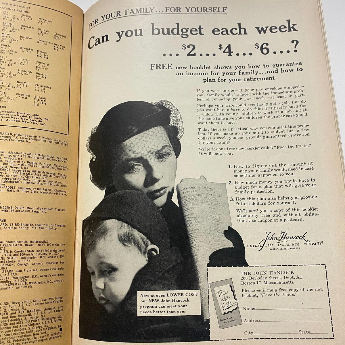 John Hancock insurance advertisement featuring a mother and child discussing budgeting for family needs. From Sports Illustrated Magazine August 16 1954 First Edition Premier Issue.