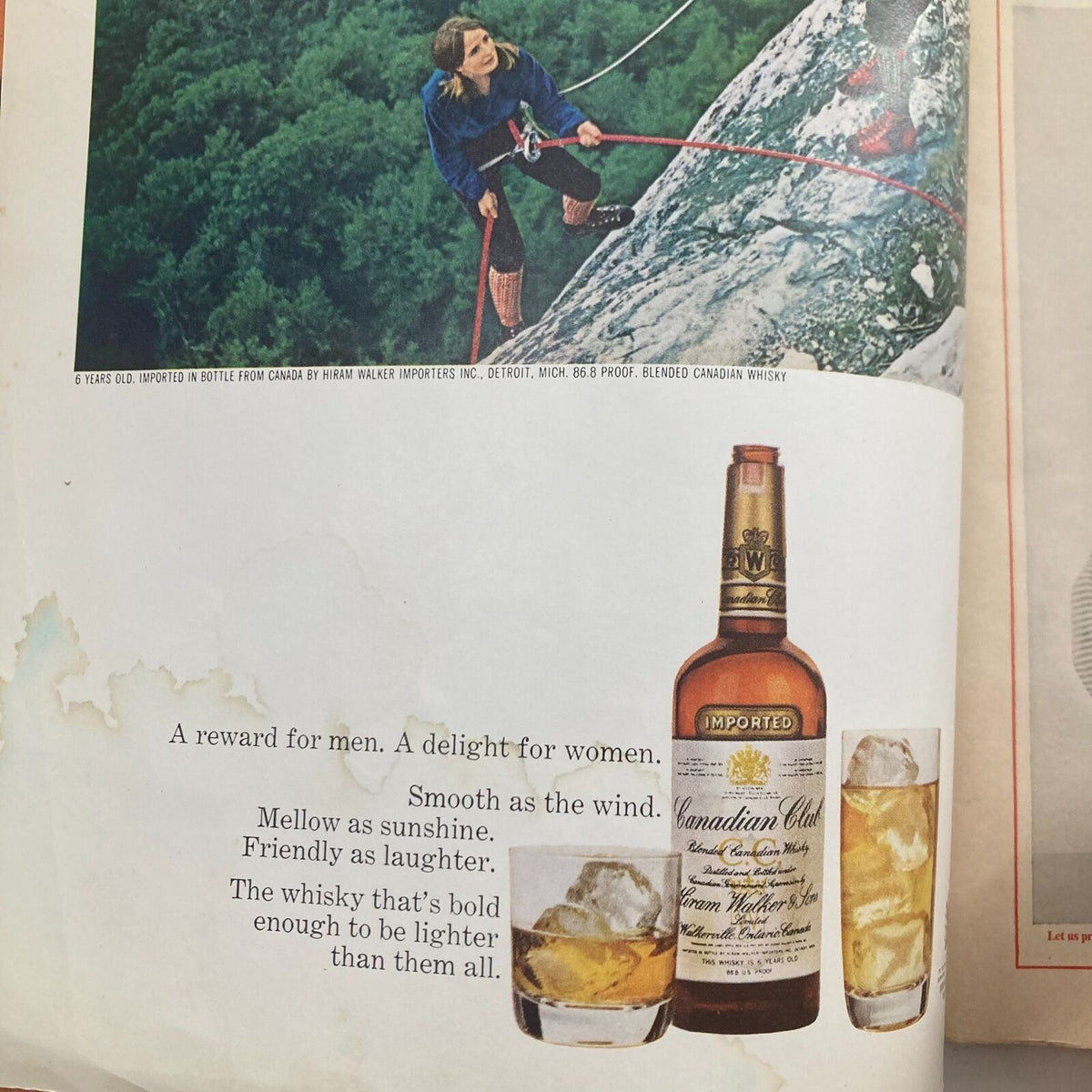 Vintage advertisement from VTG Sports Illustrated Magazine September 11 1967, showcasing Canadian Club Whiskey with a scenic climbing backdrop and text promoting its smooth flavor.