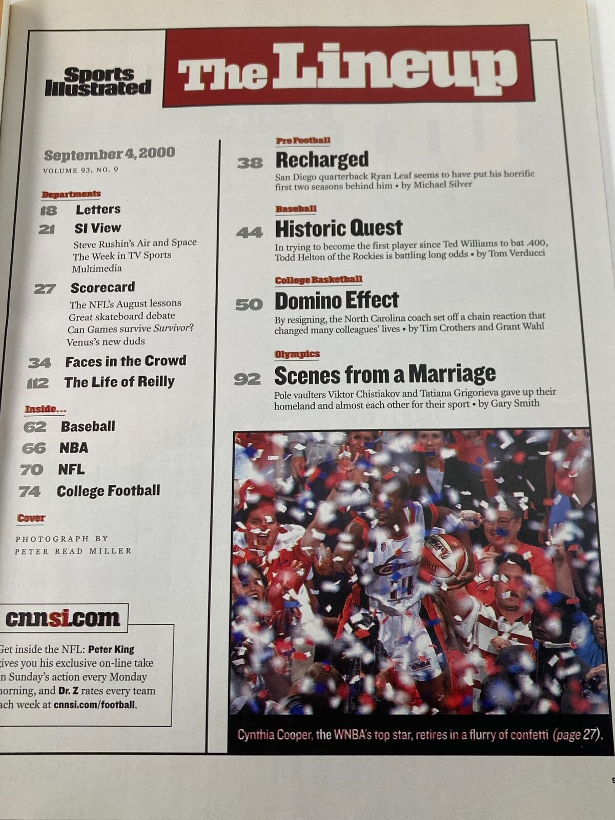 Contents page of Sports Illustrated Magazine - September 4, 2000, including features on NFL coverage, college football, and other sports highlights.
