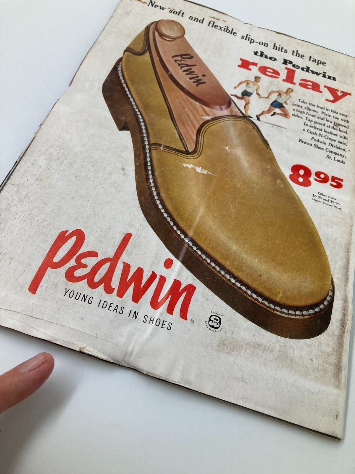 Vintage advertisement for Pedwin shoes from a Sports Illustrated Magazine, showcasing the stylish slip-on design from 1955.