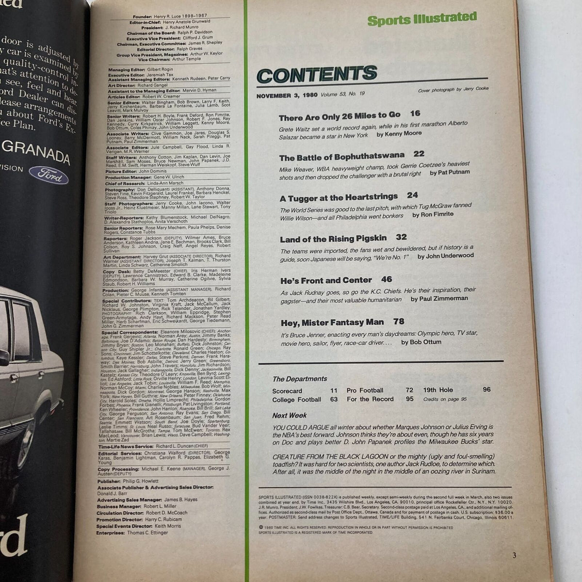 Inside of Vintage Sports Illustrated Magazine November 3 1980 showcasing the table of contents, highlighting articles and features related to sports.