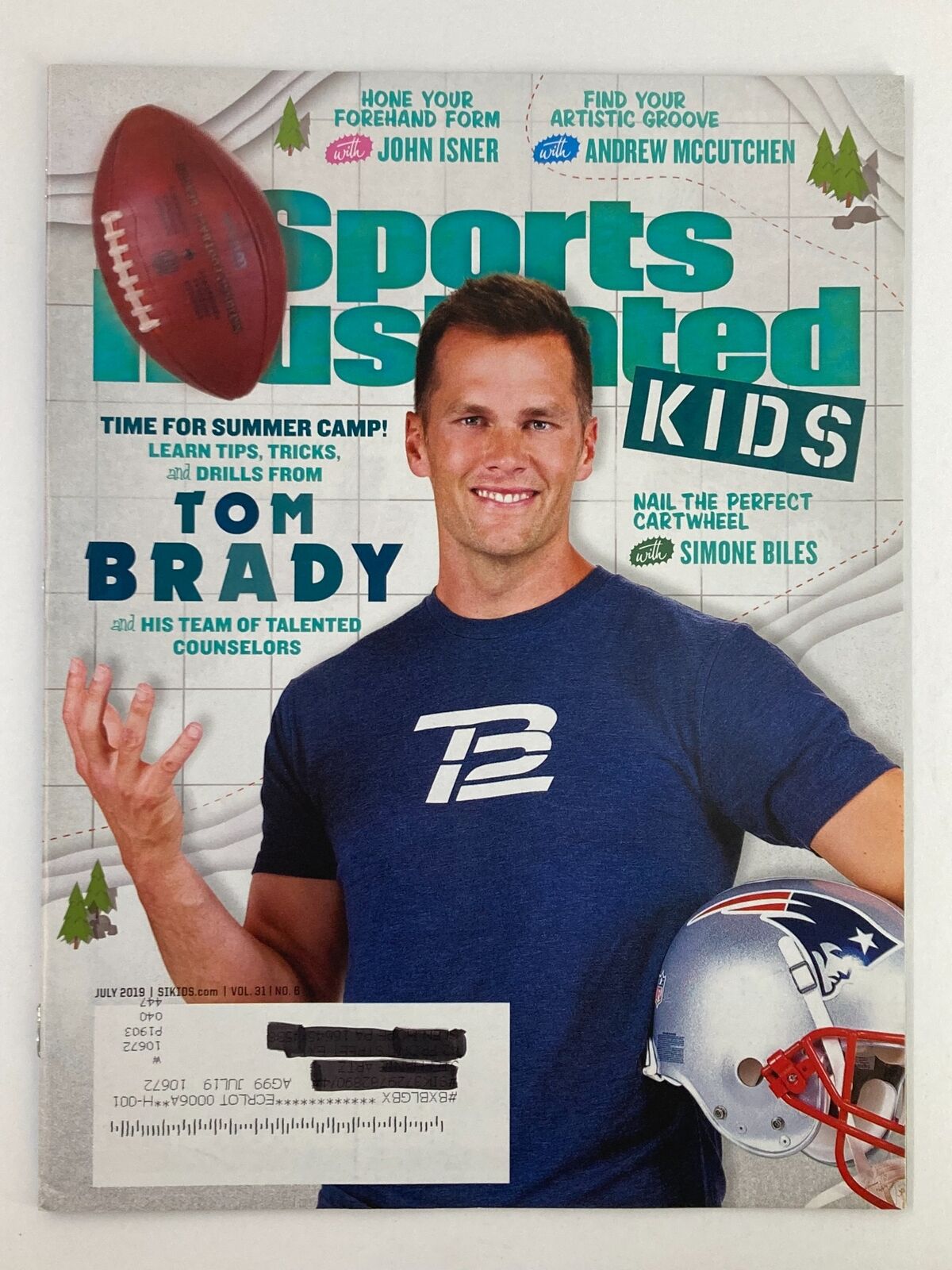 Cover of Sports Illustrated Kids Magazine July 2019 Vol 31 #6 featuring Tom Brady holding a football, promoting summer camp tips for kids.