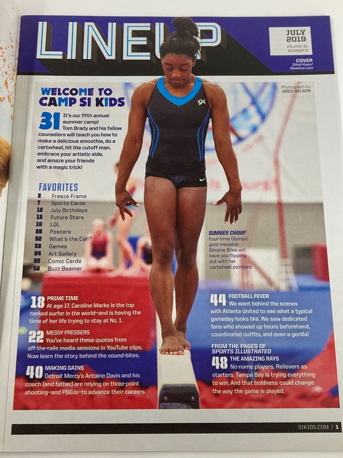 Inside page of Sports Illustrated Kids Magazine July 2019 Vol 31 #6, highlighting summer camp activities with a young gymnast on a balance beam.