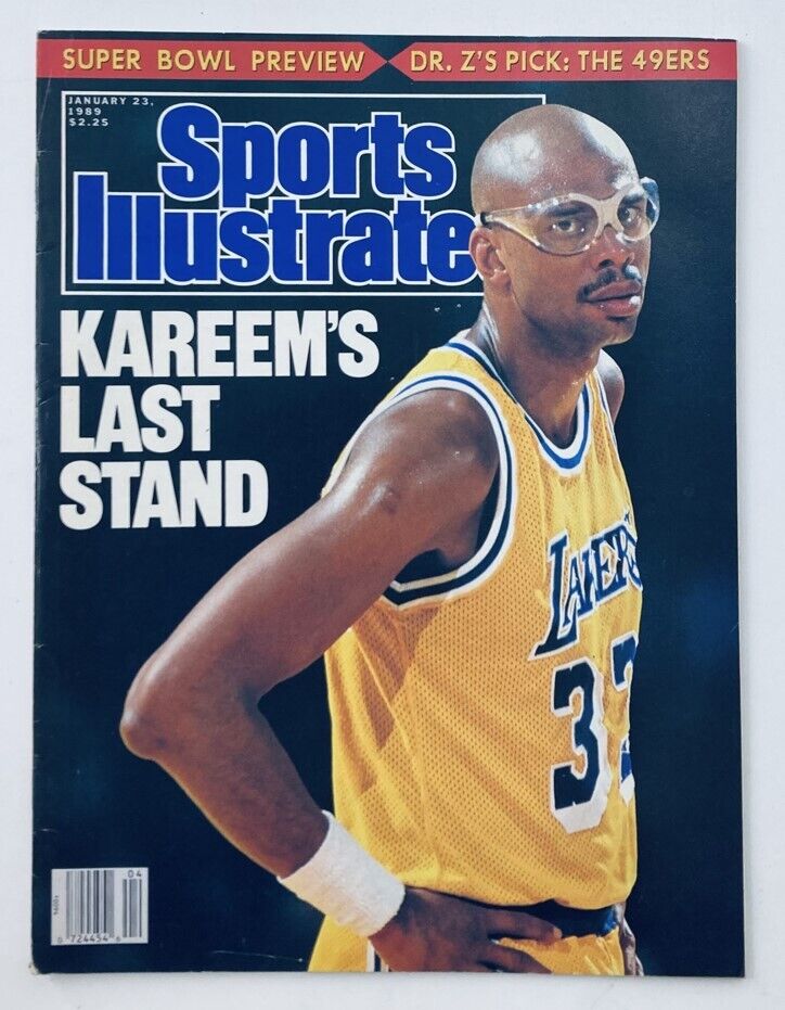 Cover of the VTG Sports Illustrated Magazine from January 23, 1989, featuring Kareem Abdul-Jabbar in a Los Angeles Lakers jersey with the title 'Kareem's Last Stand'.