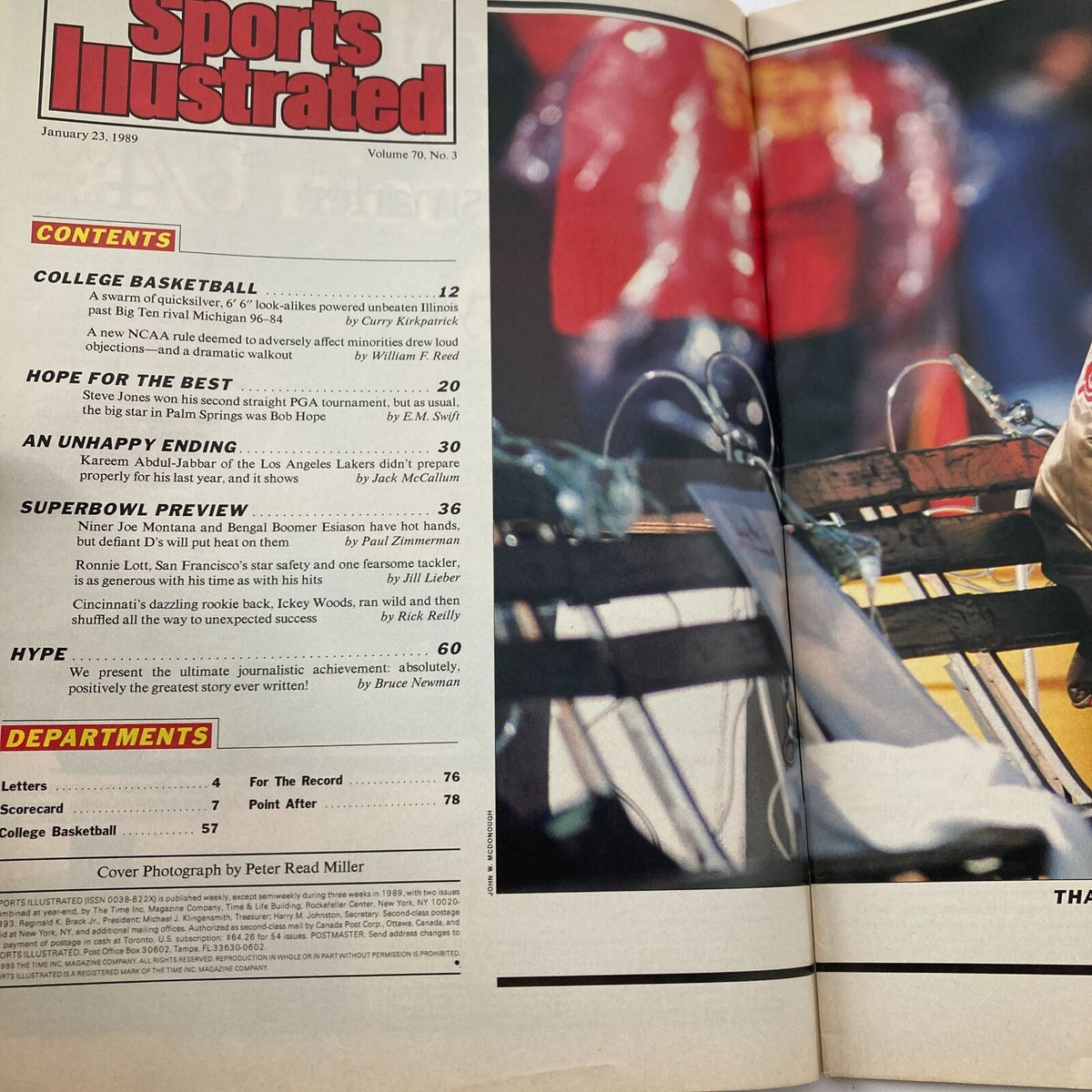 Inside content page of the VTG Sports Illustrated Magazine January 23, 1989, showcasing the table of contents with articles including a feature on Kareem Abdul-Jabbar.