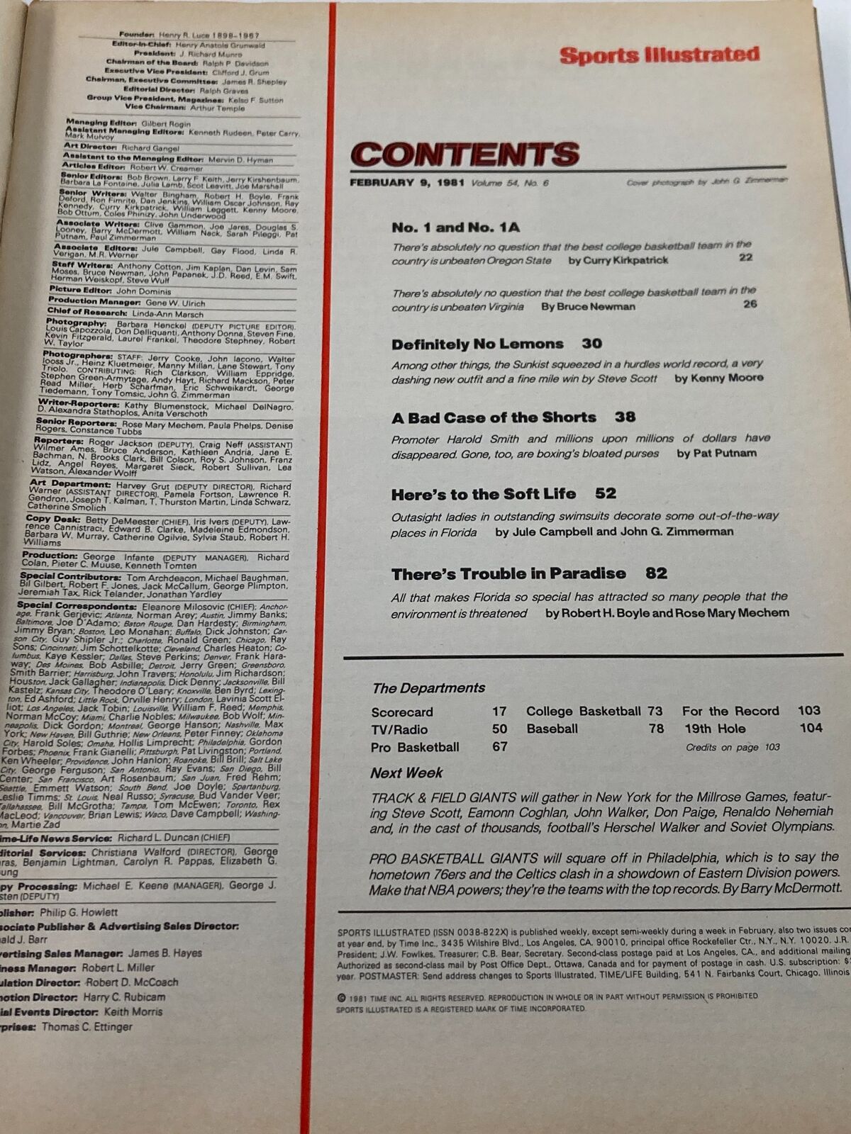 Contents page of Sports Illustrated magazine from February 9, 1981, showcasing articles and features from this vintage publication.