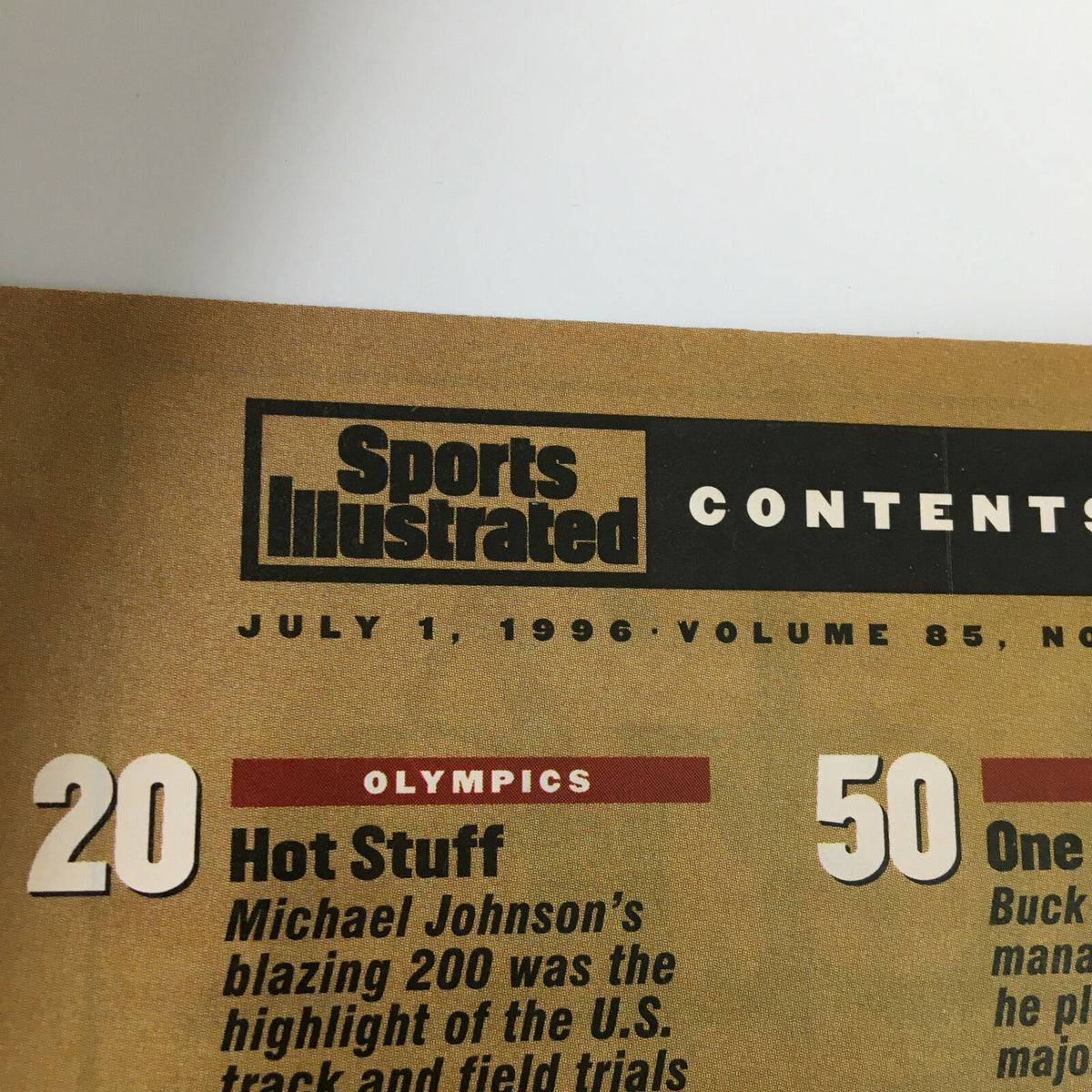 Another view of the contents page from Sports Illustrated Magazine July 1 1996, highlighting significant articles on Olympics, Baseball, and Emmitt Smith.
