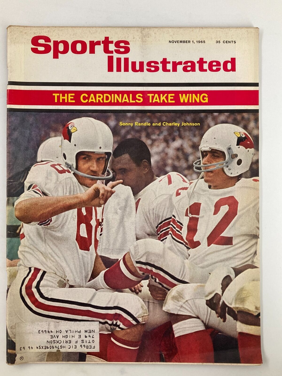 VTG Sports Illustrated Magazine cover from November 1, 1965 featuring NFL players Sonny Randle and Charley Johnson in action, showcasing the Cardinals' football team.