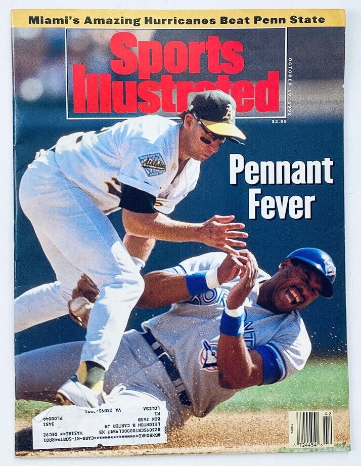 Cover of Sports Illustrated Magazine from October 19, 1992, featuring MLB players Dave Winfield and Walt Weiss, showcasing a significant moment in baseball history with a vibrant design and the headline 'Pennant Fever'.