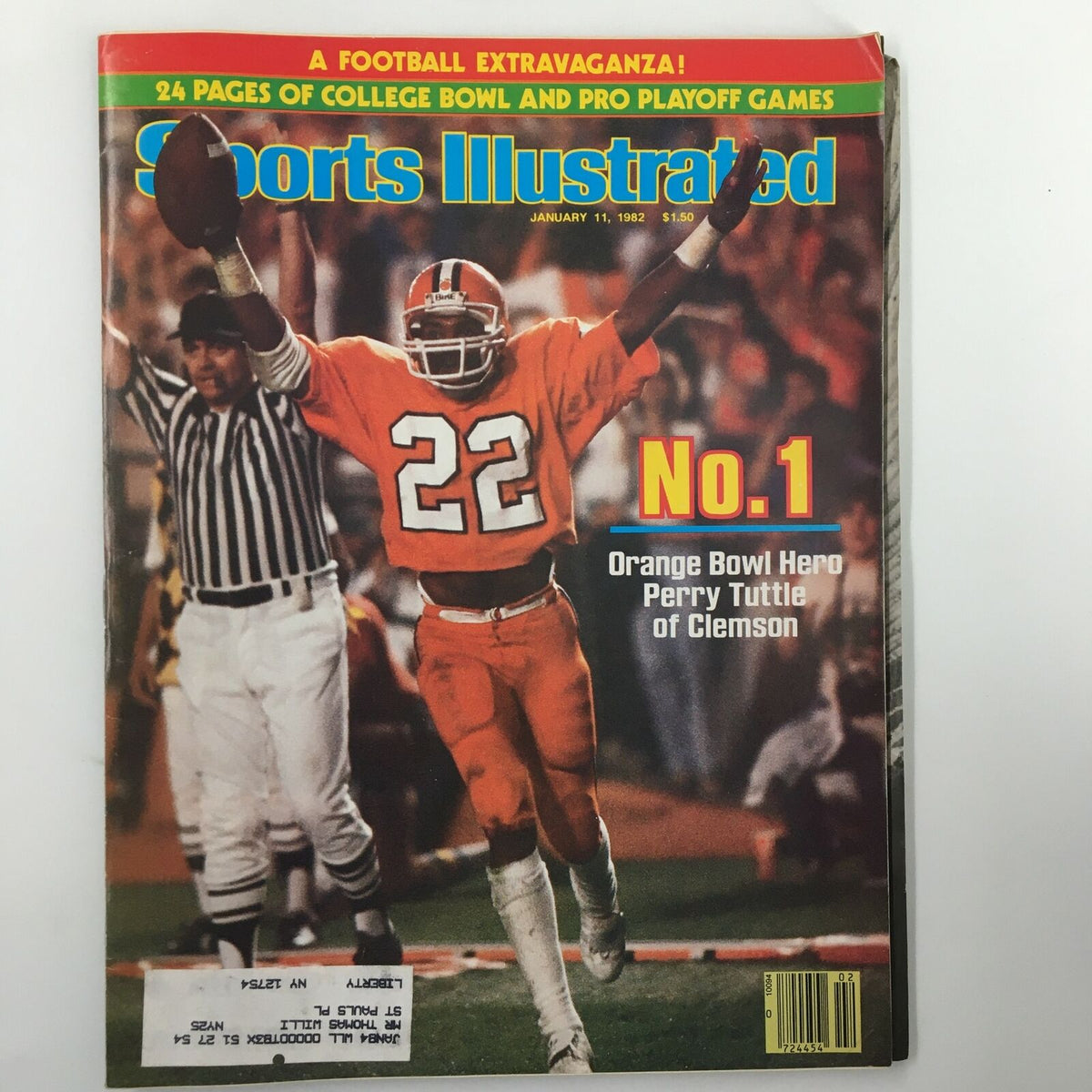 Vintage Sports Illustrated Magazine cover from January 11, 1982, featuring Orange Bowl Hero Perry Tuttle of Clemson, showcasing a football player celebrating a play, with referee in the background.