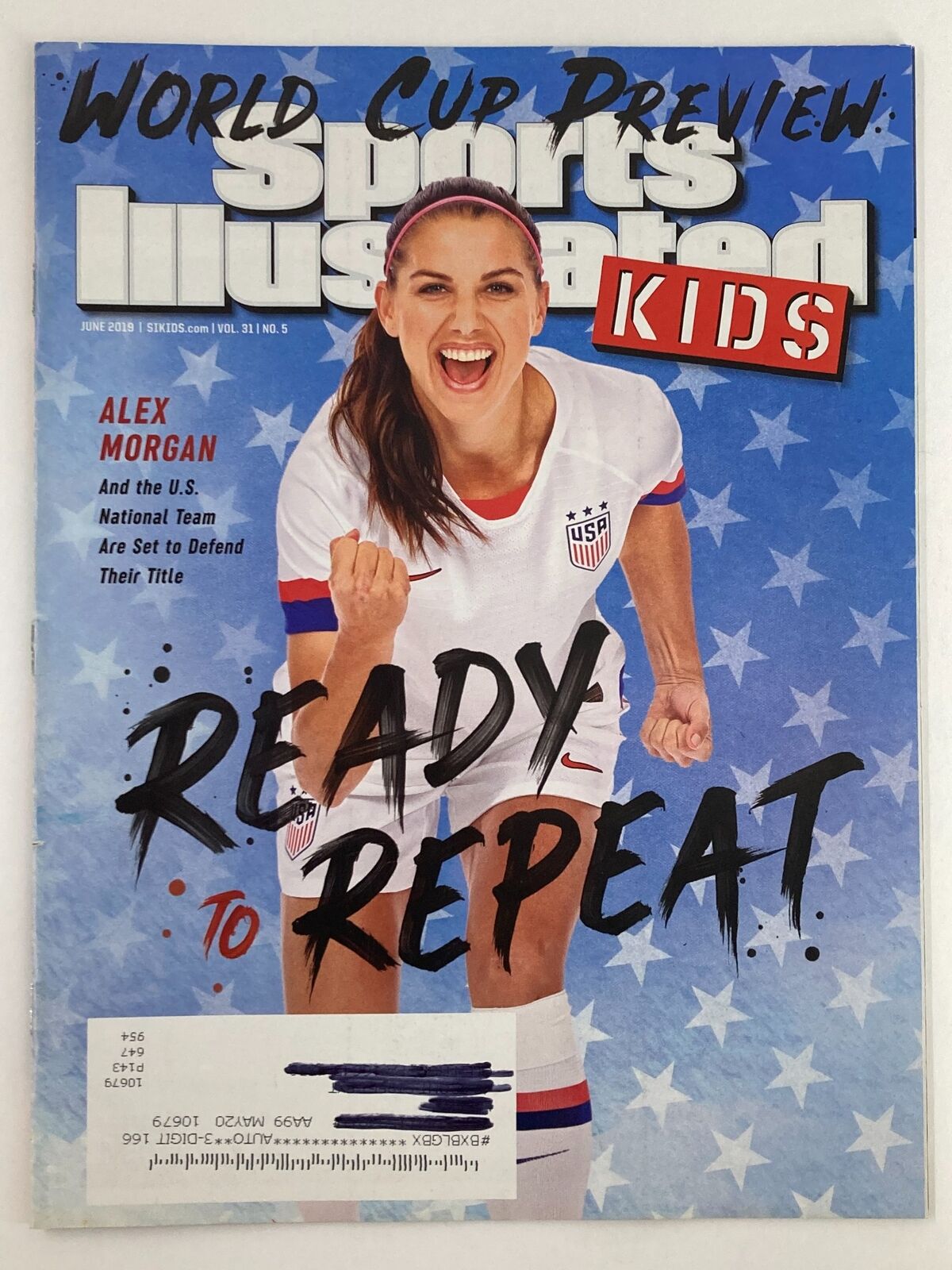 Cover of Sports Illustrated Kids Magazine June 2019 Vol 31 #5 featuring Alex Morgan celebrating with enthusiasm for youth sports.