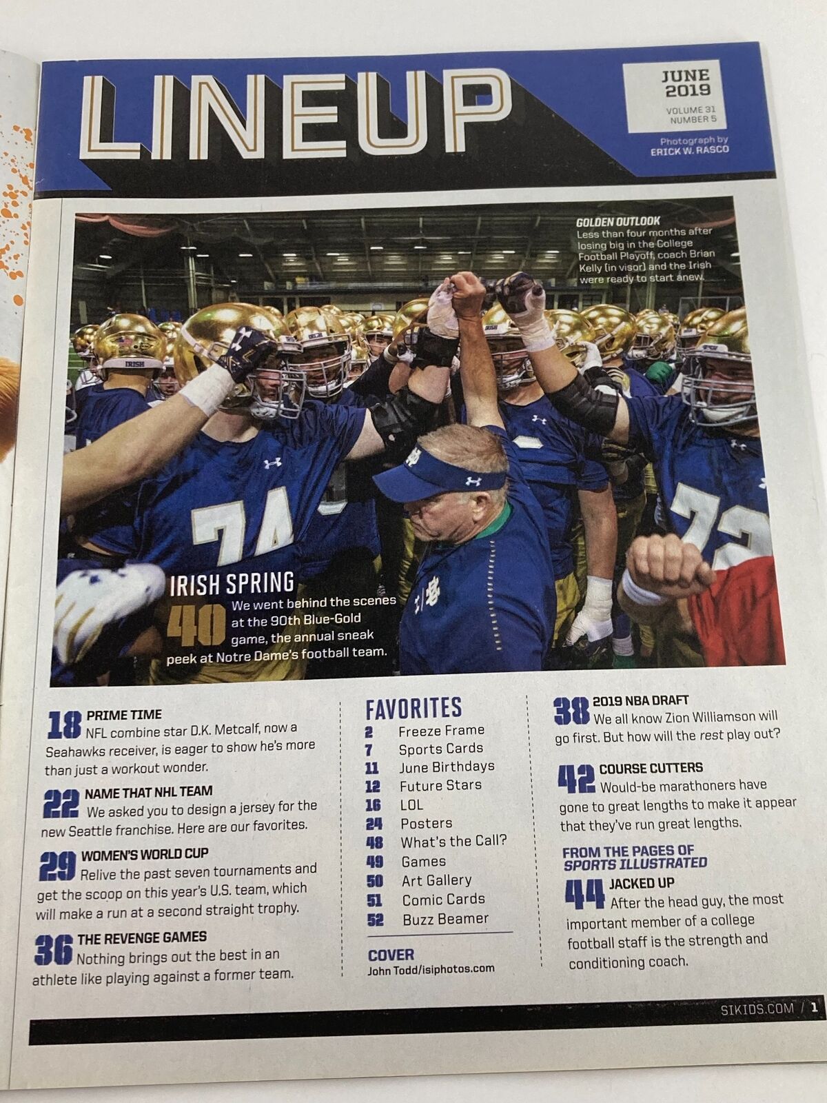 Interior page of Sports Illustrated Kids Magazine June 2019 showcasing the lineup with football players during practice.