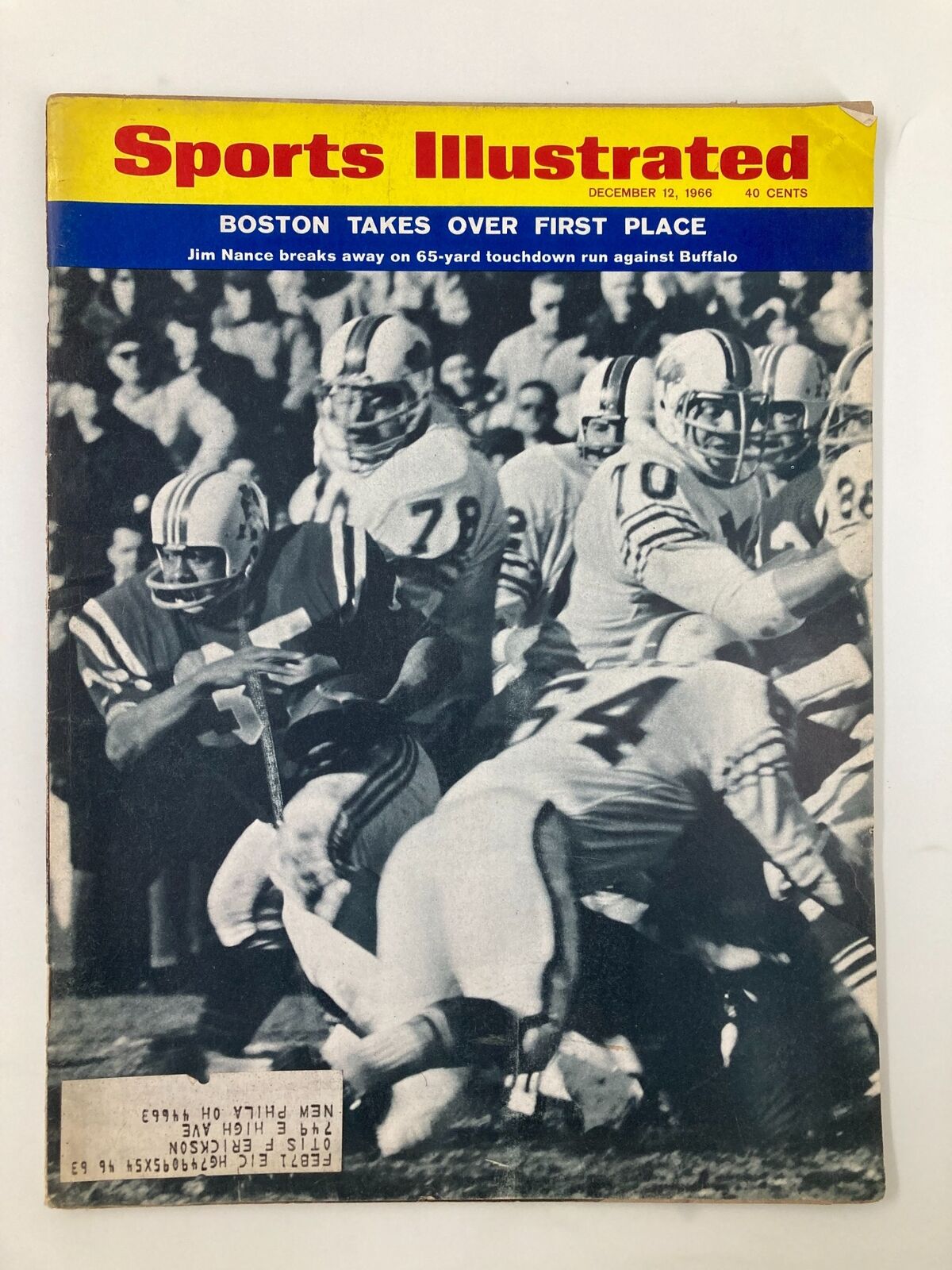 VTG Sports Illustrated Magazine December 12, 1966 featuring the headline 'Boston Takes Over First Place' with an image showing a football play in action.