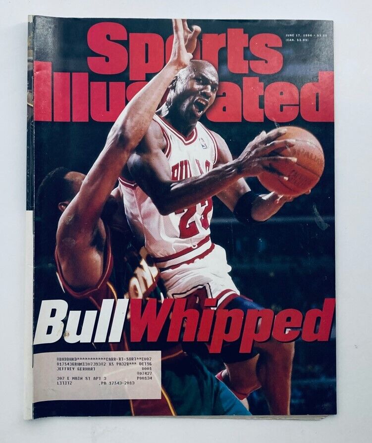 Sports Illustrated Magazine Cover from June 17, 1996, featuring NBA superstar Michael Jordan in action with the Chicago Bulls, titled 'Bull Whipped,' showcasing the intensity of basketball during the mid-1990s.