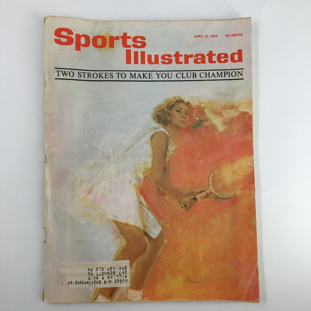 Vintage Sports Illustrated magazine cover from April 15, 1963, featuring the article 'Two Strokes To Make Club Champion', showcasing a woman playing tennis in a vibrant artistic style.
