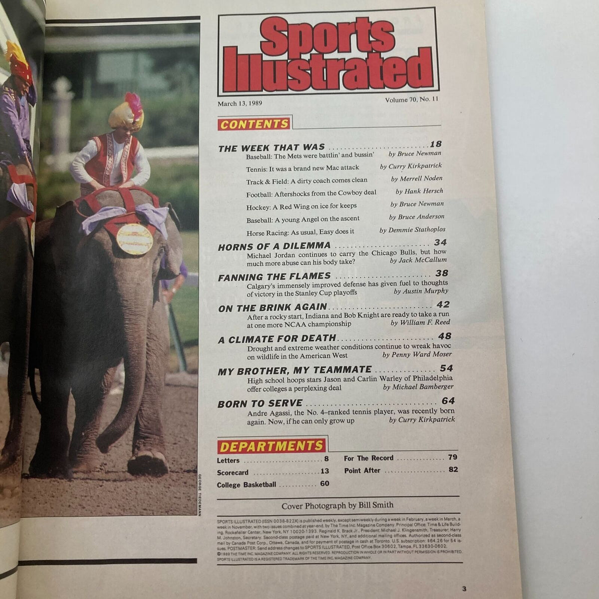Inside page of Sports Illustrated Magazine March 13, 1989, Vol 70 No. 11 showcasing the contents page with articles including 'HORNS OF A DILEMMA' about Michael Jordan.