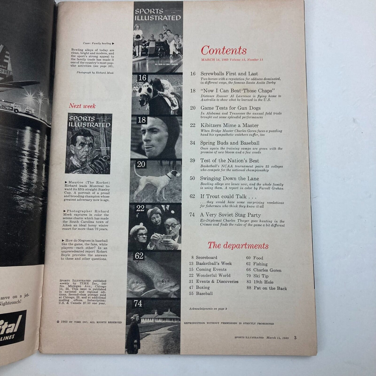 Interior page of Vintage Sports Illustrated magazine March 14, 1960, displaying the contents and articles featured in Volume 12, Number 11.