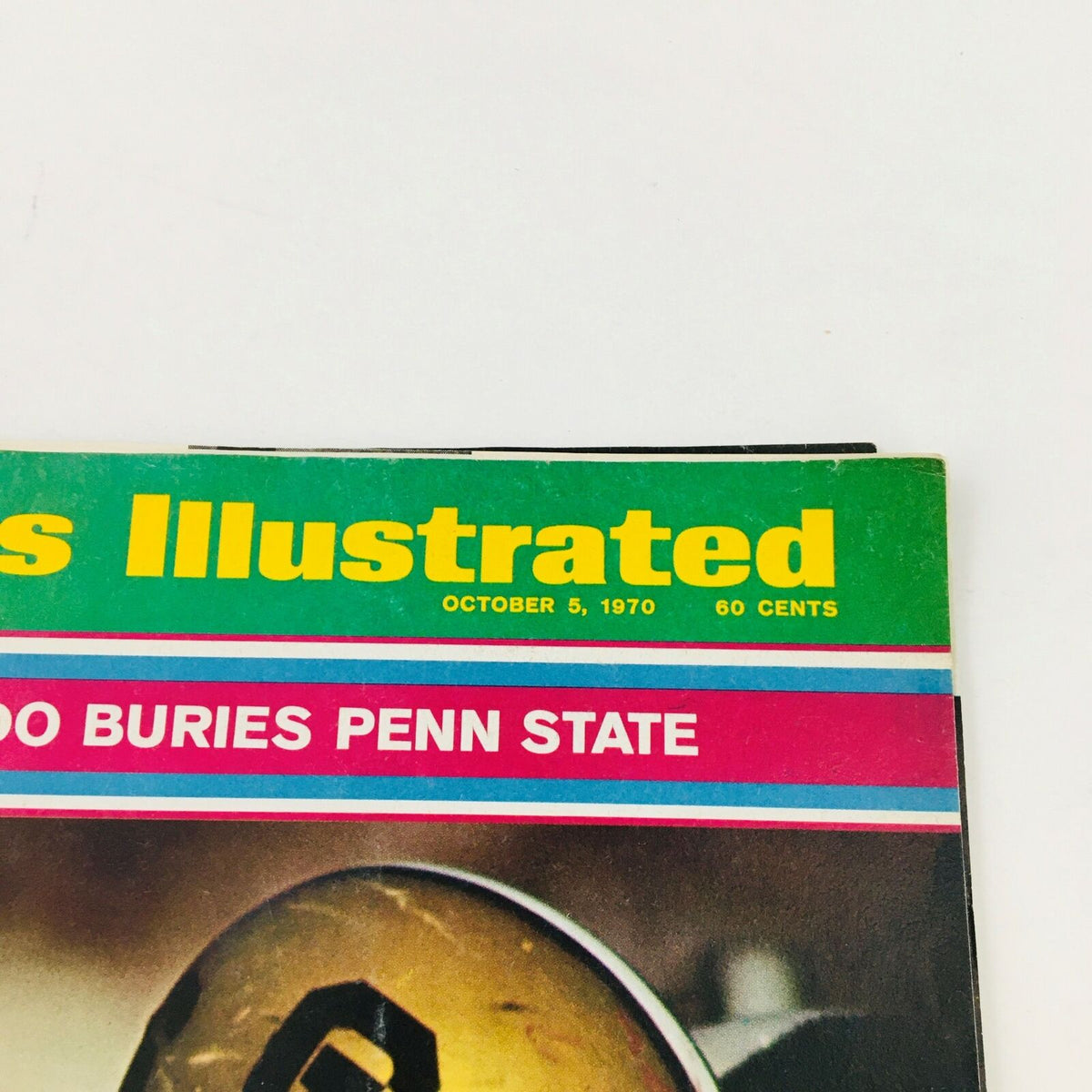 Close-up of the cover of Sports Illustrated Magazine from October 5, 1970, highlighting the title 'Colorado Buries Penn State' and the magazine's date.