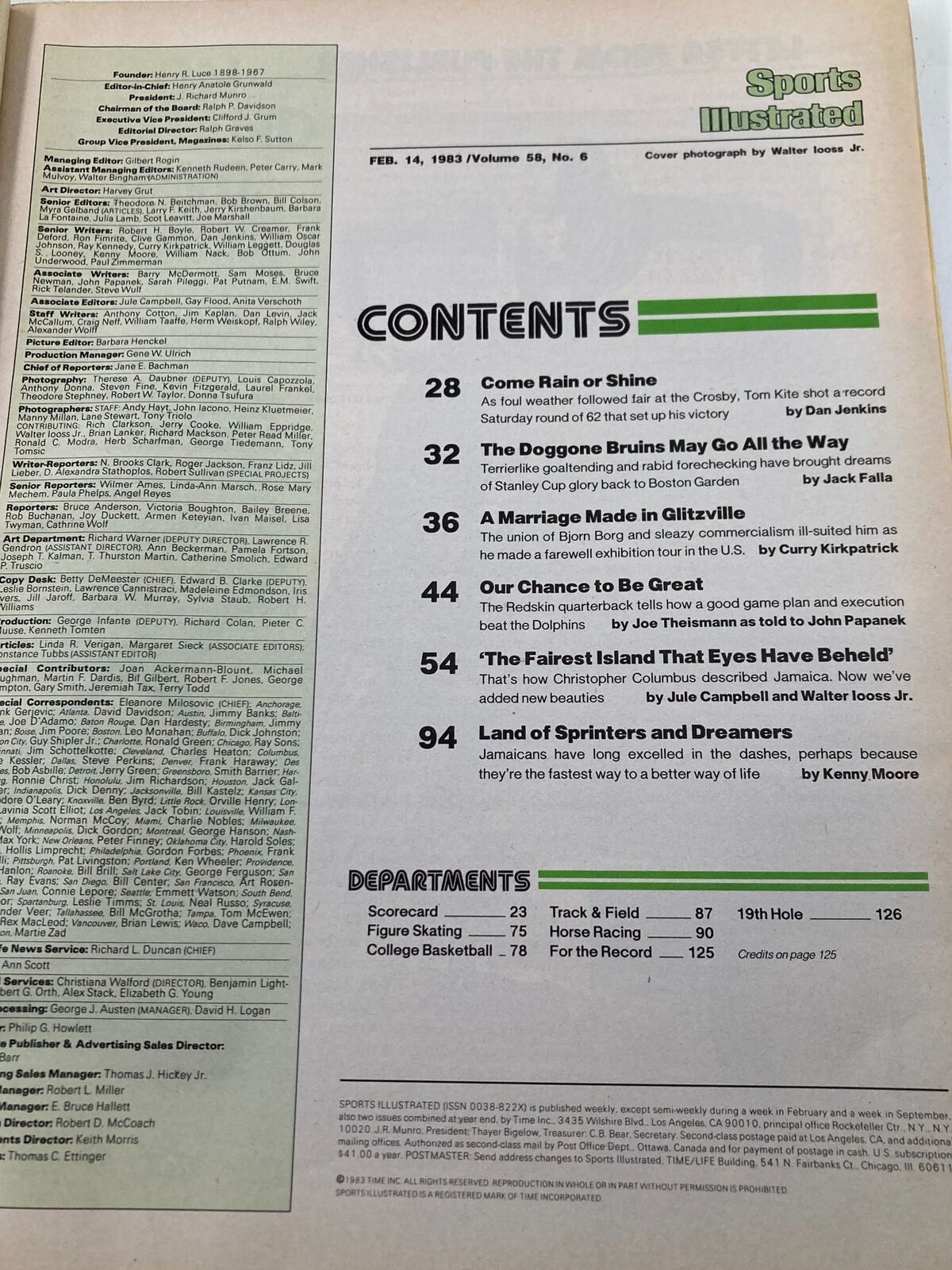 Contents page of the February 14, 1983 Sports Illustrated Magazine, detailing articles and features, including the headline about Cheryl Tiegs.