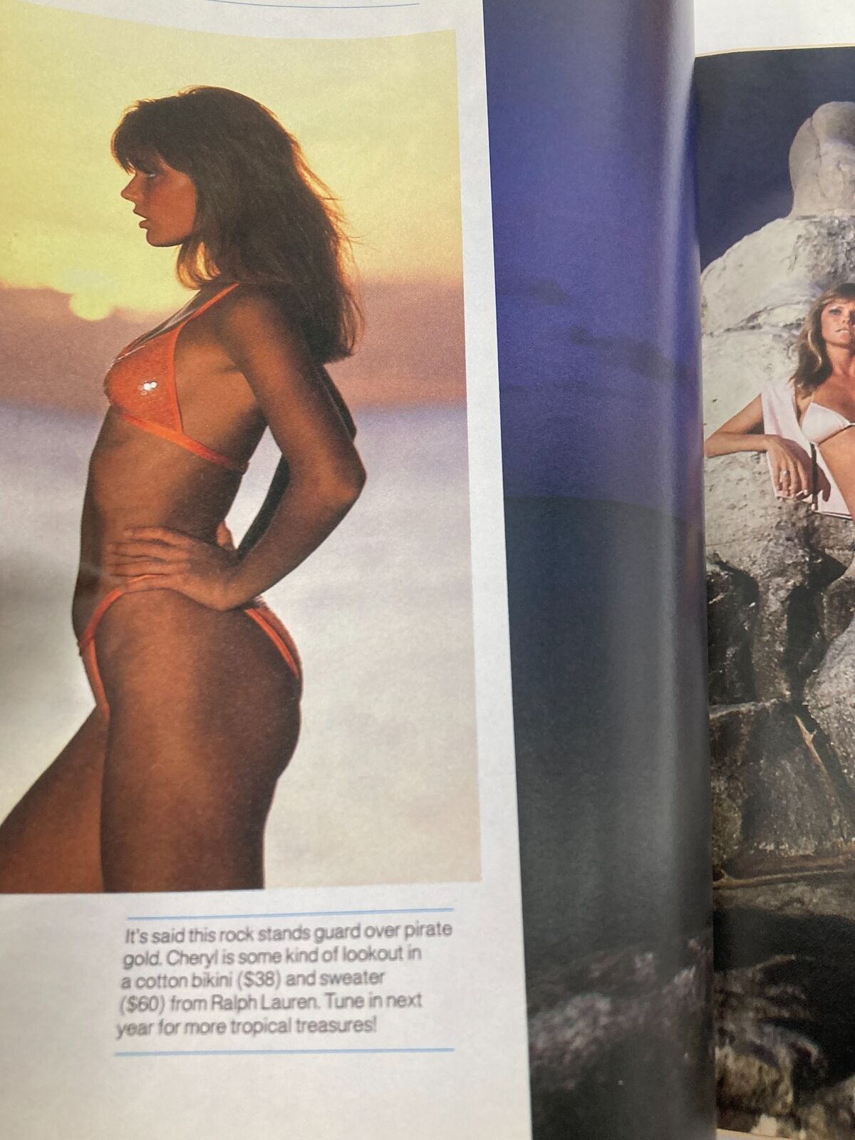Side profile of a model in an orange bikini from VTG Sports Illustrated Magazine February 14 1983, capturing early '80s swimwear style against a sunset backdrop.