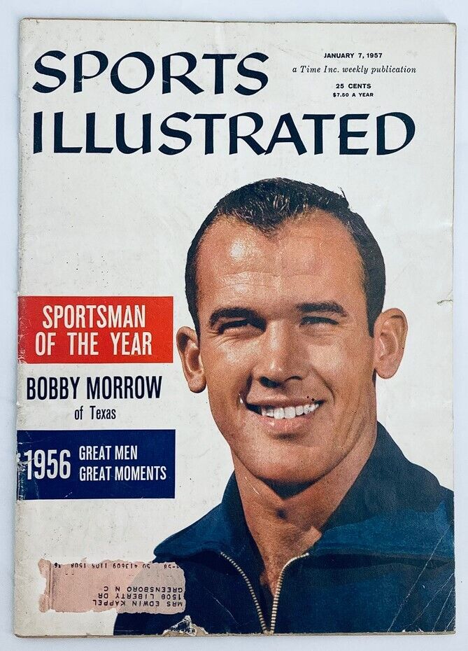 Vintage Sports Illustrated Magazine dated January 7, 1957 featuring Sportsman of the Year Bobby Morrow from Texas, showcasing his achievements in sports.