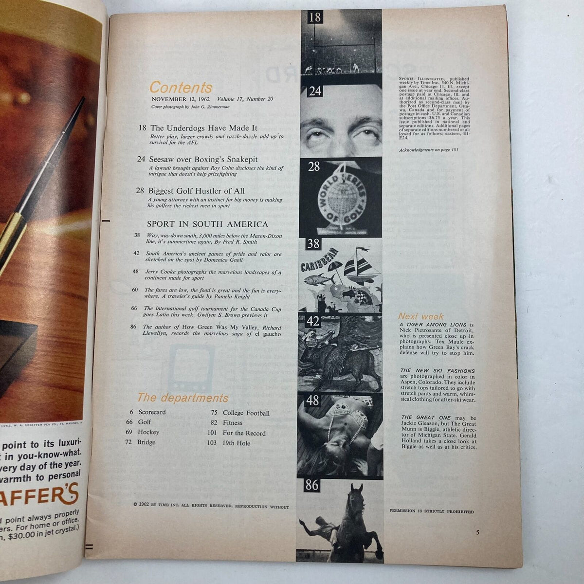 Inside page of the VTG Sports Illustrated Magazine November 12 1962 displaying the table of contents with featured articles and sections on sports, including golf and boxing.