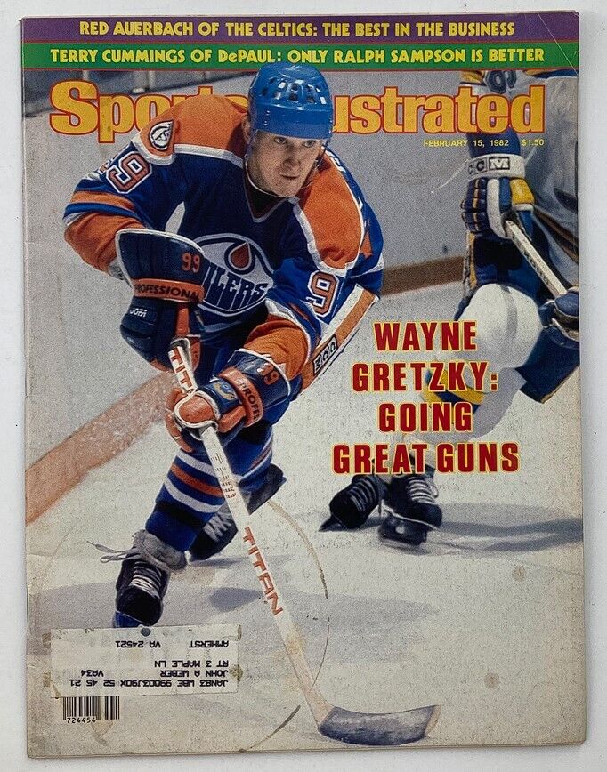 Sports Illustrated magazine cover from February 15, 1982, featuring NHL superstar Wayne Gretzky, highlighting his performance with the Edmonton Oilers, titled 'Wayne Gretzky: Going Great Guns.'