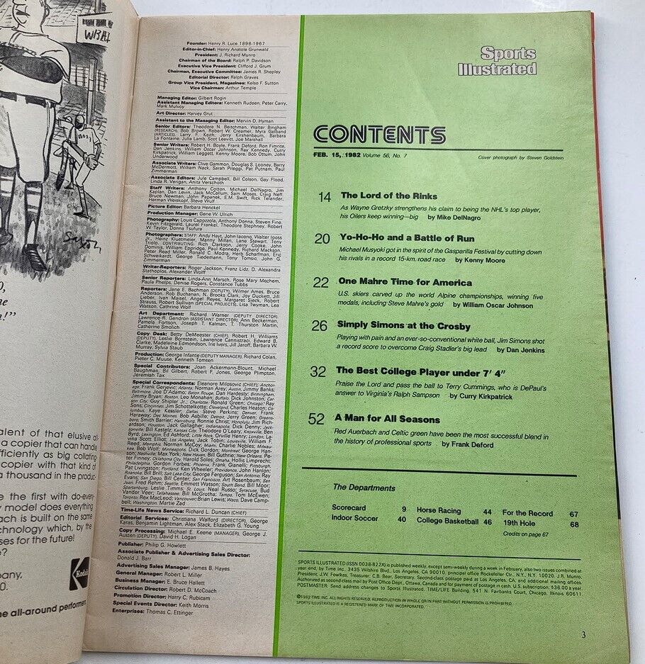 Inside contents page of Sports Illustrated magazine from February 15, 1982, including articles related to Wayne Gretzky and other sports topics.